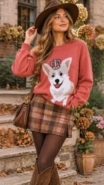 Royal Corgi Dog Sweater L Coral Pink Crown Rhinestone Novelty Knit Queen